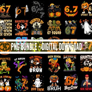 May include: A digital collection of Halloween-themed graphic designs featuring the number 67, skeletons, pumpkins, ghosts, and zombies. The artwork includes various spooky illustrations, text elements like '67 SQUAD' and 'BOO CREW', and vibrant orange, green, and black color palettes.