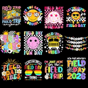 Puede incluir: Una colección de diseños gráficos coloridos con el tema "Field Day" y "Field Trip". Los diseños incluyen caras sonrientes, autobuses escolares y texto como "¡Que comiencen los juegos!" y "Field Day Vibes".