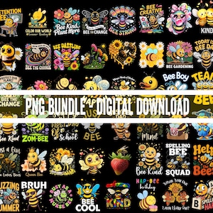 Puede incluir: Una colección digital de ilustraciones gráficas con temática de abejas que incluye varias abejas de dibujos animados, flores y texto como Bee Kind, Bee Strong y Bee Dazzling. Las imágenes están dispuestas en una cuadrícula con una pancarta central.