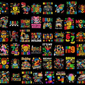Puede incluir: Una colección de diseños gráficos coloridos sobre un fondo negro. Los diseños presentan varios personajes, textos y objetos, incluidos temas de cumpleaños, bloques de construcción y frases como "Master Builder" y "Birthday Boy".