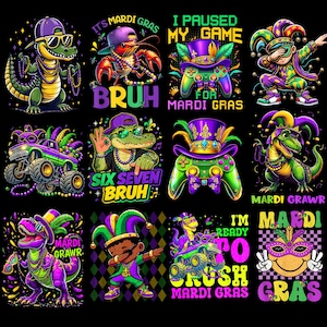 Può includere: Una collezione di grafiche colorate a tema Mardi Gras su sfondo nero. I disegni includono alligatori, dinosauri e un gambero dei cartoni animati con cappelli e occhiali da sole festosi. Il testo include "BRUH", "MARDI GRAS" e "SIX SEVEN BRUH".