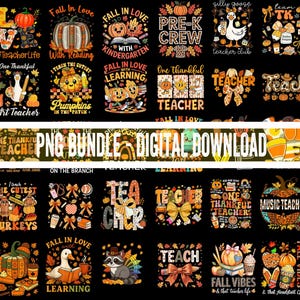 Op de afbeelding: Een digitale collectie van herfstthema grafische ontwerpen met pompoenen, ganzen, herfstbladeren en schoolgerelateerde tekst zoals Teacher, Pre-K Crew en Music Teacher, gepresenteerd als PNG-bundel voor digitale download op een zwarte achtergrond.