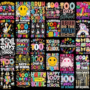 以下が含まれることがあります： 100日間の学校を祝うカラフルなグラフィックデザインのコレクション。デザインには、テキスト、スマイリーフェイス、鉛筆、その他の学校関連の画像が含まれています。テキストには、「私は生き残った」や「100日目の学校おめでとう」などのフレーズが含まれています。