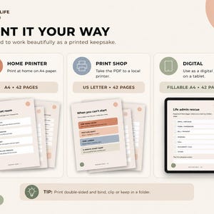 May include: A digital planner guide titled My New Life Abroad with sections for home printing on A4 paper, professional print shop options for US Letter size, and a fillable digital version for tablets, featuring checklists like Your reset room.