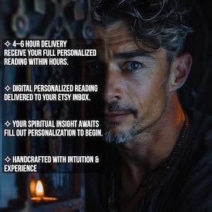 May include: Image features a man with graying hair and a beard, with text overlayed. The text includes phrases like "4-6 hour delivery" and "digital personalized reading." A small candle flame is visible in the lower left corner.