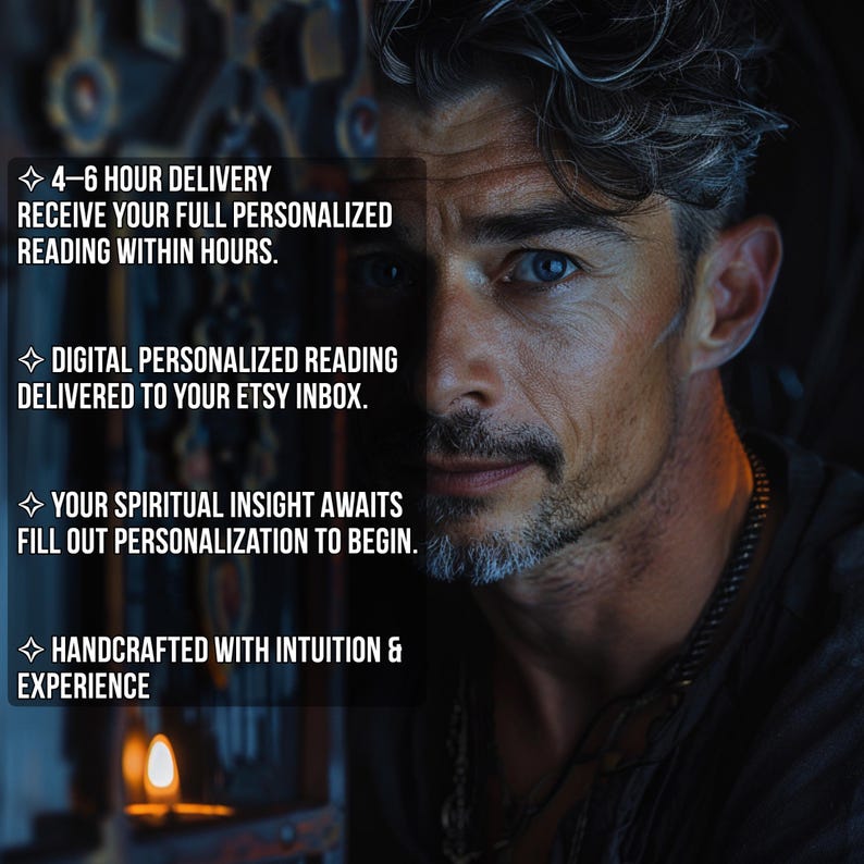 May include: Image features a man with graying hair and a beard, with text overlayed. The text includes phrases like "4-6 hour delivery" and "digital personalized reading." A small candle flame is visible in the lower left corner.