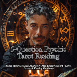 May include: An image featuring a man with graying hair and a mustache, holding lit candles. Text overlay reads "5-Question Psychic Tarot Reading" with additional text about answers, insight, and guidance.