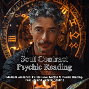 Op de afbeelding: Een man met grijs haar en een snor staat centraal in de afbeelding en houdt brandende kaarsen vast. De tekst "Soul Contract Psychic Reading" wordt weergegeven. Extra tekst bevat "Medium Guidance | Future Love, Karma & Psychic Reading, Past Life and General Reading."