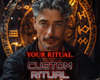May include: A man with gray hair and a mustache is centered in front of a dark, ornate background. The text "YOUR INTENTION," "YOUR RITUAL," "CUSTOM RITUAL," and "YOUR RESULTS" are displayed in red and white.