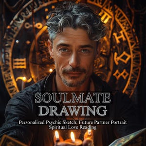 Pode incluir: Um homem com cabelos grisalhos e bigode segura velas acesas. O texto "SOULMATE DRAWING" é exibido abaixo do homem, com texto adicional indicando esboços psíquicos personalizados e leituras espirituais do amor. O fundo apresenta um design circular dourado.