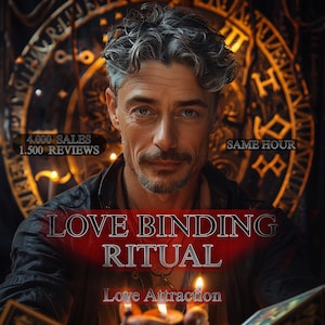 May include: An image featuring a man with graying hair and a mustache, holding lit candles. The text "LOVE BINDING RITUAL" and "Love Attraction" are displayed. The background includes a circular design with symbols.