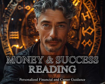 May include: A man with graying hair and a mustache holds lit candles, with the text "MONEY & SUCCESS READING" and "Personalized Financial and Career Guidance" overlaid. The background features a golden, ornate design.