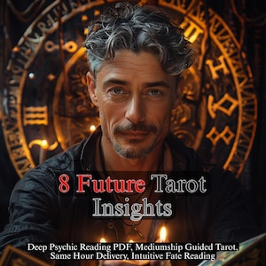 Może przedstawiać: Mężczyzna z siwiejącymi włosami i wąsami jest wyśrodkowany na tle rozmytego tła ze złotym wzorem przypominającym zegar. Tekst "8 Future Tarot Insights" jest wyświetlany w kolorze czerwonym i białym. Poniżej mniejszy tekst brzmi "Deep Psychic Reading PDF, Mediumship Guided Tarot, Same Hour Delivery, Intuitive Fate Reading."