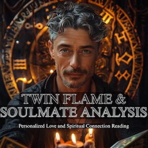 Könnte beinhalten: Ein Mann mit grau werdendem Haar und Schnurrbart ist im Bild zentriert und hält brennende Kerzen. Der Hintergrund zeigt ein goldenes, kreisförmiges Design mit dem Text "TWIN FLAME & SOULMATE ANALYSIS" und "Personalized Love and Spiritual Connection Reading."