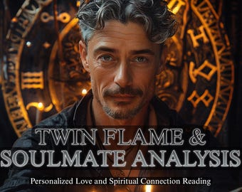 May include: A man with graying hair and a mustache is centered in the image, holding lit candles. The background features a golden, circular design with text that reads "TWIN FLAME & SOULMATE ANALYSIS" and "Personalized Love and Spiritual Connection Reading."