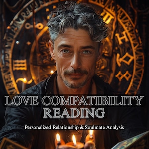 Puede incluir: Un hombre con canas y bigote, sosteniendo velas encendidas, con el texto "LOVE COMPATIBILITY READING" y "Personalized Relationship & Soulmate Analysis". El fondo presenta un diseño circular dorado.