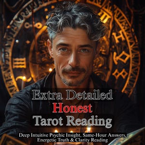 May include: A man with graying hair and a mustache is centered in the image. Text overlay reads "Extra Detailed Honest Tarot Reading." The background features a golden, circular design with symbols. Additional text at the bottom promotes psychic insight and clarity.