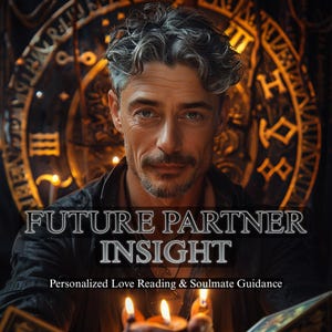 Peut inclure: Un homme aux cheveux gris et à la moustache est au centre de l'image. Le texte "FUTURE PARTNER INSIGHT" est affiché. En dessous, on lit "Personalized Love Reading & Soulmate Guidance". L'arrière-plan présente un motif circulaire doré.