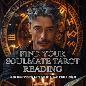 Puede incluir: Un hombre con cabello gris y bigote está centrado en la imagen, con el texto "FIND YOUR SOULMATE TAROT READING" en blanco. El fondo presenta un diseño circular dorado. El texto "Same Hour Psychic Love Reading, Twin Flame Insight" está en la parte inferior.