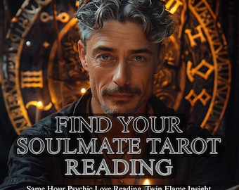 May include: A man with gray hair and a mustache is centered in the image, with the text "FIND YOUR SOULMATE TAROT READING" in white. The background features a golden, circular design. The text "Same Hour Psychic Love Reading, Twin Flame Insight" is at the bottom.