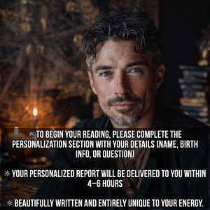 May include: A portrait of a man with graying hair and blue eyes. Text overlay states: "To begin your reading, please complete the personalization section with your details (name, birth info, or question)."