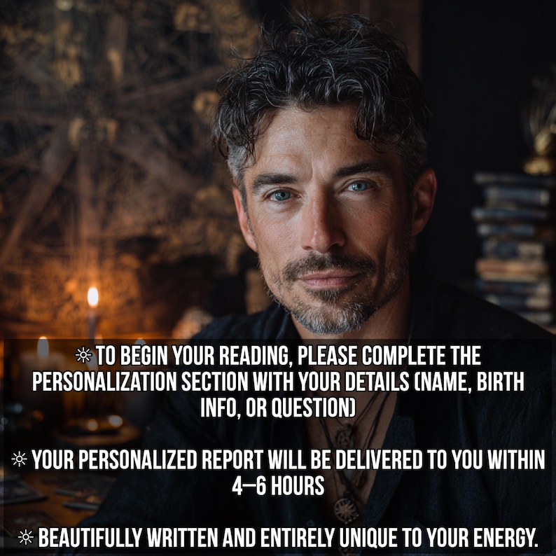 May include: A portrait of a man with graying hair and blue eyes. Text overlay states: "To begin your reading, please complete the personalization section with your details (name, birth info, or question)."