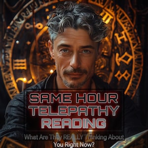 May include: A man with graying hair and a mustache is centered in the image, with a blurred background of a golden clock face. Text overlay reads "SAME HOUR TELEPATHY READING" and "What Are They REALLY Thinking About You Right Now?"