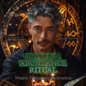 May include: A man with grey hair and a moustache is the central figure. Text overlays state "MONEY & ABUNDANCE RITUAL" and "Wealth Frequency Activation". Additional text indicates "4,000 SALES" and "1,500 REVIEWS". The background features a golden, circular design.