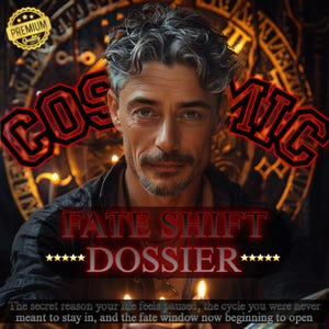 May include: A promotional image featuring a man with graying hair and a mustache. The word "COSMIC" is displayed in red outlined letters. Below, the text "FATE SHIFT DOSSIER" is visible. The image has a premium quality seal.