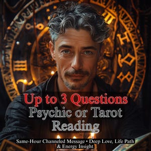 以下が含まれることがあります： 金色の装飾的な時計の文字盤を背景に、灰色の髪と口ひげの男性が写っています。テキストオーバーレイには「Up to 3 Questions Psychic or Tarot Reading」と書かれています。追加のテキストには「Same-Hour Channeled Message, Deep Love, Life Path & Energy Insight」と記載されています。