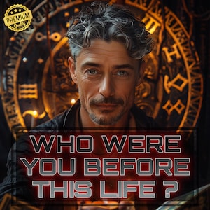 May include: A man with graying hair and a mustache looks at the viewer. The image has text that reads "WHO WERE YOU BEFORE THIS LIFE ?" A gold-colored seal with the words "PREMIUM QUALITY" is in the upper left corner.