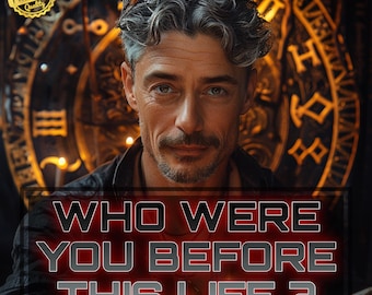 May include: A man with graying hair and a mustache looks at the viewer. The image has text that reads "WHO WERE YOU BEFORE THIS LIFE ?" A gold-colored seal with the words "PREMIUM QUALITY" is in the upper left corner.