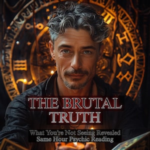 May include: A portrait of a man with grey hair and a moustache, with text overlay reading "THE BRUTAL TRUTH" and "What You're Not Seeing Revealed Same Hour Psychic Reading". The background has a golden, circular design.