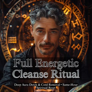 May include: A man with grey hair and a moustache is centered in front of a blurred background with golden accents. The text "Full Energetic Cleanse Ritual" is displayed in a white, stylized font. Additional text includes "Deep Aura Detox & Cord Removal • Same-Hour Spiritual Reset."