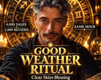 Könnte beinhalten: Eine Person mit welligem, grau gesträhntem Haar vor einem goldenen Tierkreiszeichen-Rad. Text: 4,000 SALES, 1,500 REVIEWS, SAME HOUR, GOOD WEATHER RITUAL, Clear Skies Blessing. Die Szene wird von brennenden Kerzen im Vordergrund beleuchtet.