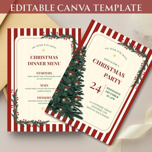 May include: Christmas-themed editable Canva template featuring a dinner menu and party invitation. The designs have a red and white striped border, with text and decorative elements. The menu includes starters, main course, and dessert.