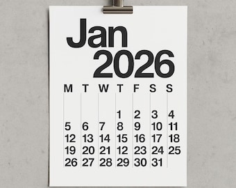 Calendario minimalista 2026 / stampabile in stile moderno di metà secolo (formato Regno Unito)