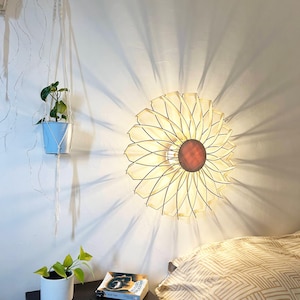 Puede incluir: Una lámpara de pared decorativa con diseño floral. La lámpara tiene una pantalla de color crema con un marco marrón oscuro y un centro marrón rojizo. La luz proyecta una sombra radial en la pared blanca. Una pequeña planta en maceta cuelga del techo.