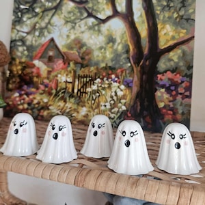 Handmade Ceramic Ghost Figurines, Spooky Halloween Decor, Set of 5