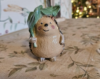 Handmade Hedgehog Figurine, Cute Porcelain Hedgehog Holding a Leaf, Woodland Animal Decor, Whimsical Gift, Christmas Gift, Birthday Present