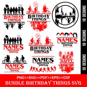 Puede incluir: Una colección de diseños SVG en negro y rojo con los textos "BIRTHDAY THINGS" y "NAMES BIRTHAY THINGS". Los diseños incluyen siluetas de personas, bicicletas y árboles. La imagen también incluye el texto "BUNDLE BIRTHDAY THINGS SVG".