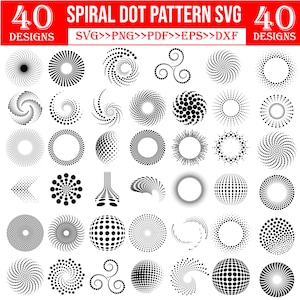 Peut inclure: Une collection de 40 motifs de points en spirale noirs et blancs. Les motifs comprennent diverses formes en spirale, circulaires et géométriques. Le texte en haut indique "40 SPIRAL DOT PATTERN SVG" et répertorie les formats de fichiers.