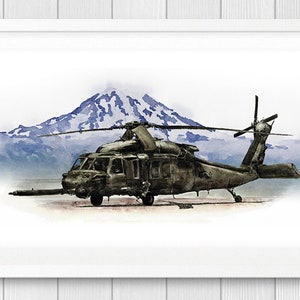 May include: A watercolor painting of a black military helicopter flying over a snow-capped mountain.