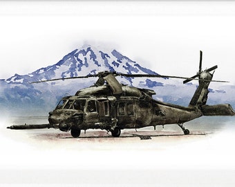 MH-60 with Mt Rainier, watercolor print, 8x10"