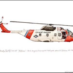 May include: A white and orange Sikorsky S61R/HH-3F "Pelican" twin-engine transport helicopter with the words "COAST GUARD" printed on the side. The helicopter has a red tail and a black rotor.