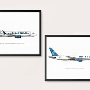 May include: Two framed illustrations of United Airlines airplanes. The top image shows a Boeing 737-800, the bottom image shows a Boeing 777-200.