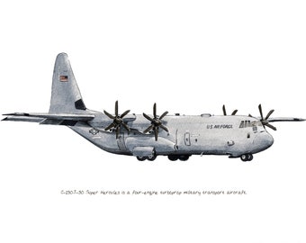 USAF C-130J-30 Super Hercules transport airplane watercolor print, 8"x10"