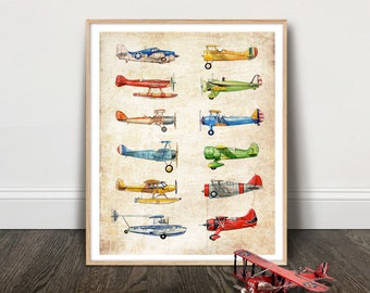 Vintage Airplane Collection, watercolor print