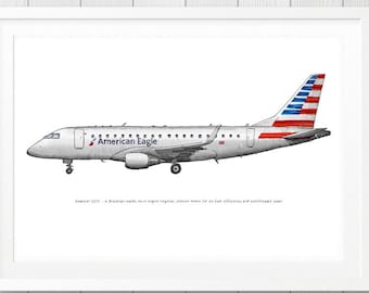 Embraer 175 Amerikaans vliegtuig aquarelprint, 8 x 10"