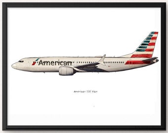 Impresión en acuarela del 737 Max con avión American Paint, 8 x 10 pulgadas
